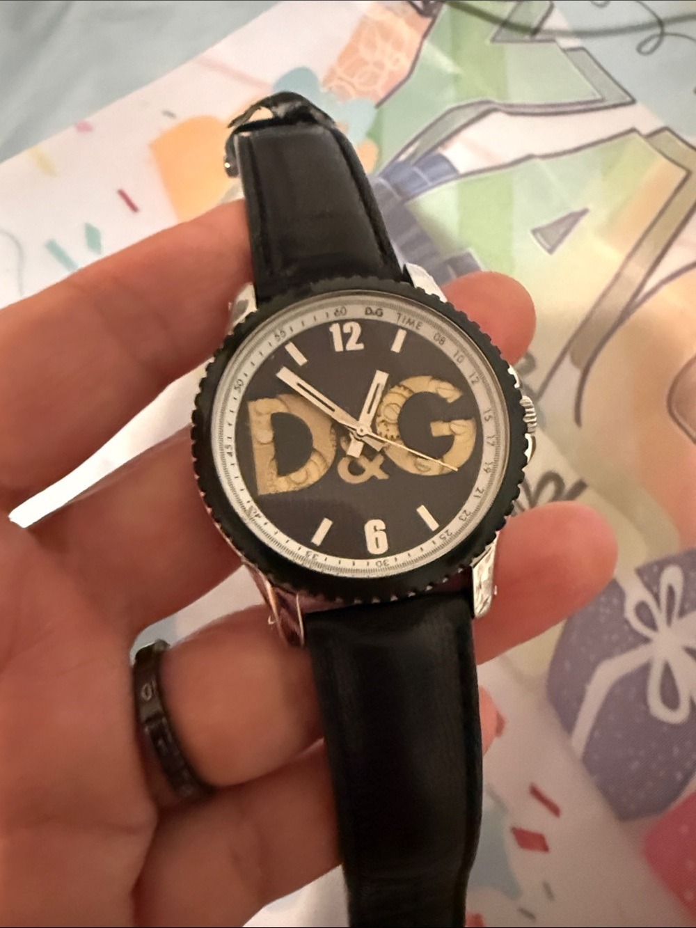 D&G Black and Gold Logo Leather-Strap Watch